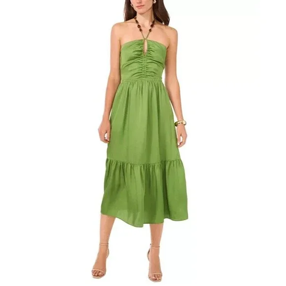 1.STATE Women's Beaded Halter Neck elasticized waist Midi Dress Pockets Green 2 - Picture 2 of 13